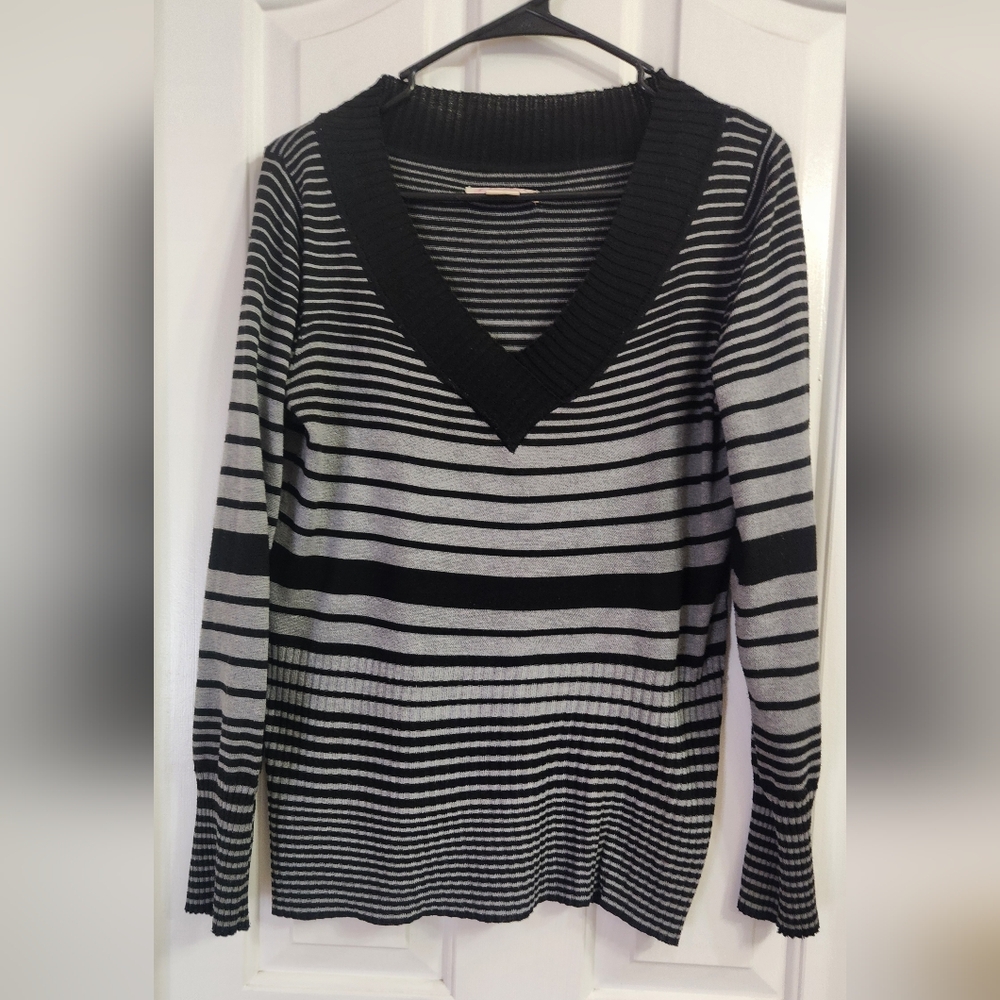 Black and Gray Striped V-Neck Sweater